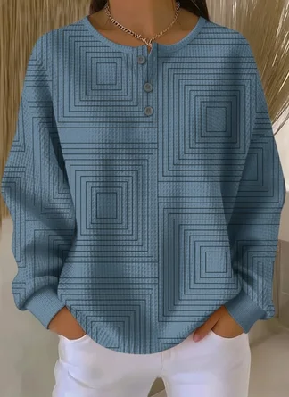 Geometric Henley Collar Loose Casual Sweatshirt