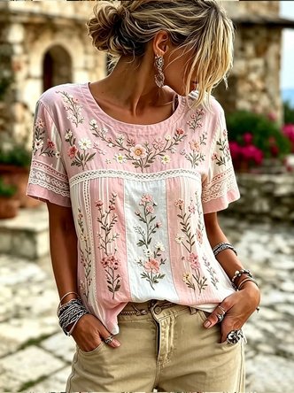 Cotton Linen Crew Neck Simple T Shirt