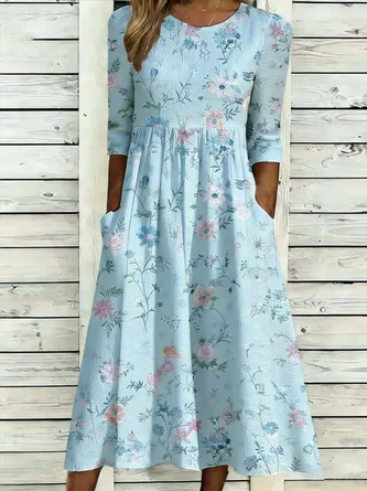 Vacation Crew Neck Linen Blend Loose Dress No