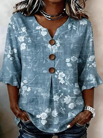 Floral V Neck Casual Blouse