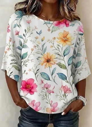 Loose Crew Neck Floral Casual Blouse