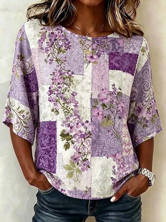 Patchwork Floral Drop Shoulder Loose 3 4 Sleeve Blouse