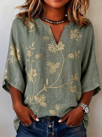 Half Sleeve Blouse Summer Floral Printing V Neck Daily Going Out Casual Top