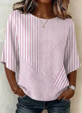 Regular Fit Crew Neck Casual Striped Blouse