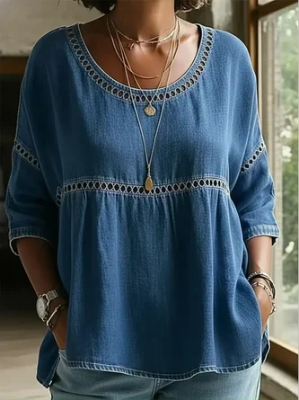 Crew Neck Faux Denim Print Graphic Vintage Blouse No