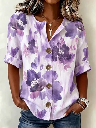 Watercolor Floral Single Breasted Collared Vacation Top