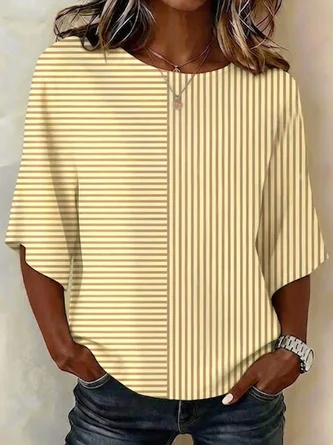 Casual Crew Neck Regular Fit Striped Blouse