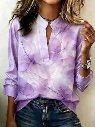 Watercolor Leaf Stand Collar Split Neck Flowy Blouse