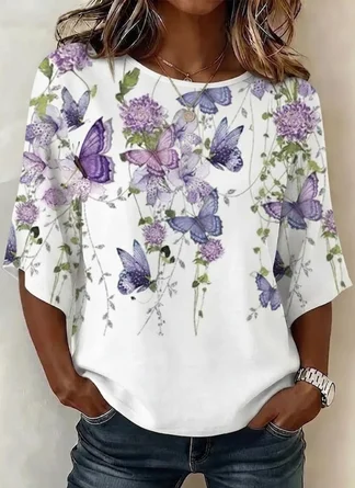 Butterfly Vintage Crew Neck Blouse