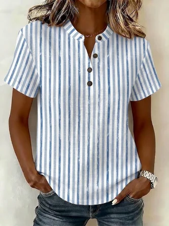 Short Sleeve Shirt Summer Striped Printing V Neck Daily Going Out Casual Top