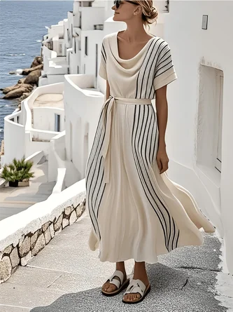 Cowl Neck Linen Blend Loose Vacation Dress No