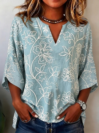 Half Sleeve Blouse Summer Floral Printing V Neck Daily Going Out Casual Top