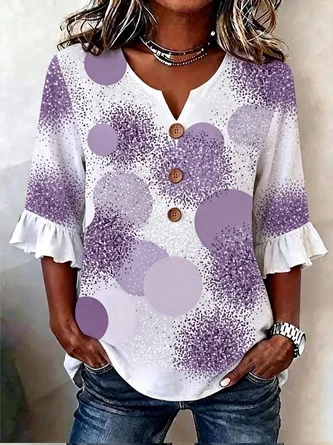 Polka Dot Glitter Ruffle Sleeve V Neck Daily Blouse