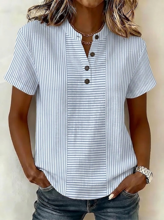 Short Sleeve Shirt Summer Striped Buckle V Neck Daily Going Out Casual Top