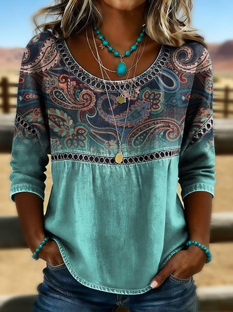 Half Sleeve Blouse Summer Cyan Paisley Printing Crew Neck Daily Going Out Casual Top