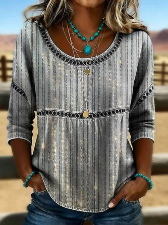 Half Sleeve Blouse Summer As Picture Abstract Stripes Printing Crew Neck Daily Going Out Casual Top