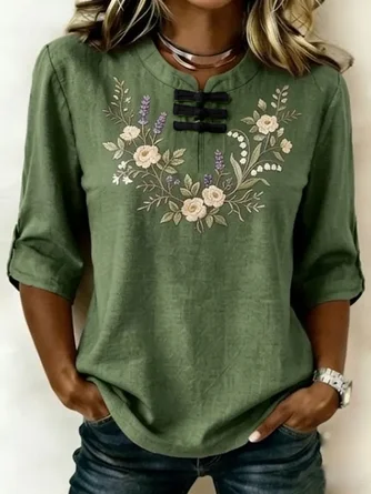 Half Sleeve Blouse Summer Floral Printing Mandarin Collar Daily Going Out Vintage Top