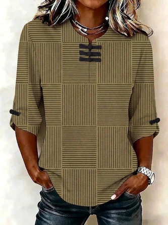 Half Sleeve Blouse Summer Striped Printing Mandarin Collar Daily Going Out Vintage Top