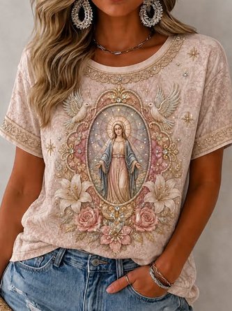 Dove Virgin Mary Portrait Crew Neck Aesthetic Short Sleeve Tee