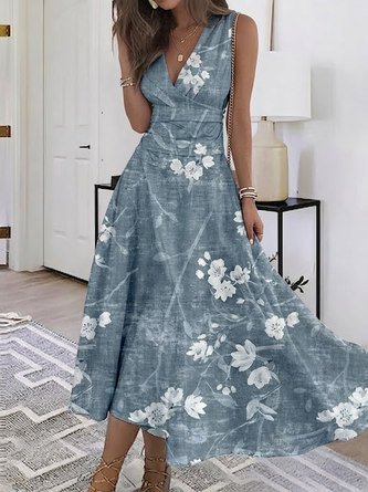 V Neck Regular Fit Floral Vintage Dress No