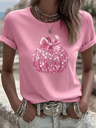 Casual Crew Neck Pumpkin Pattern T Shirt