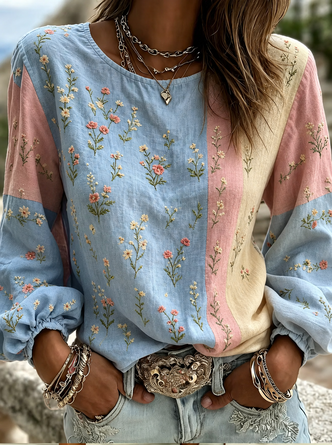 Block Loose Printing Casual Blouse