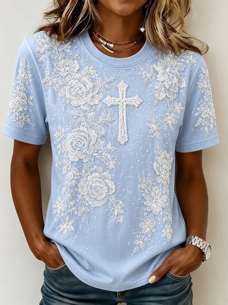 Pearl Cross Crew Neck Versatile Short Sleeve Top
