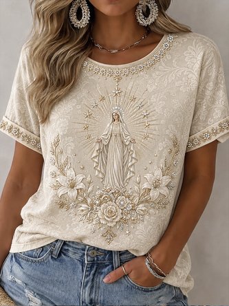 Star Lily Virgin Mary Portrait Crew Neck Versatile Tee