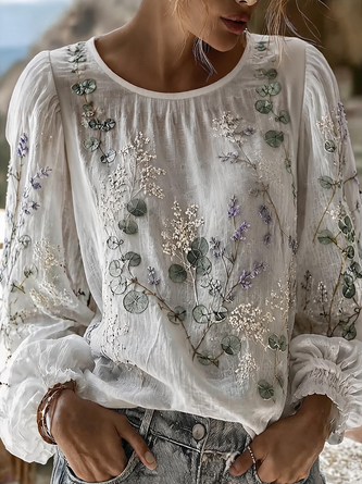 Regular Fit Vintage 3D Printing Crew Neck Blouse