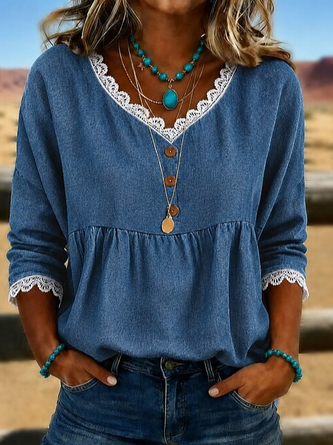 Half Sleeve Blouse Summer Faux Denim Print Graphic Printing V Neck Daily Going Out Casual Top
