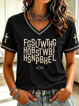 Letter Fish Symbol Cross V Neck Faith Tee
