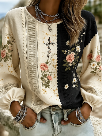 Loose Printing Crew Neck Elegant Blouse