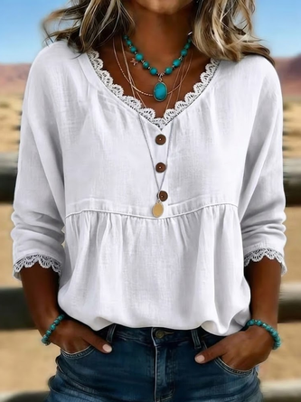 Half Sleeve Blouse Summer Plain Lace Edge V Neck Daily Going Out Casual Top