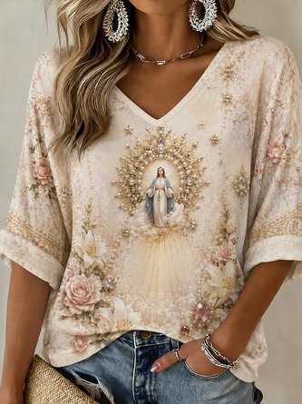 Pearl Floral Virgin Mary V Neck Aesthetic Top