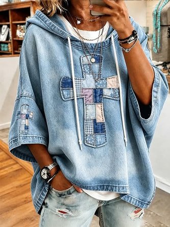 Plaid Patch Cross 3 4 Sleeve Loose Versatile Hoodie