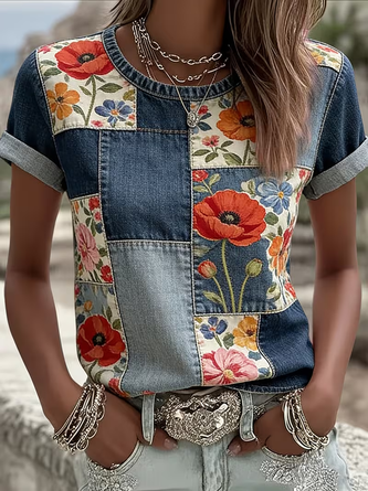 Short Sleeve T shirt Summer Floral Printing Crew Neck Daily Going Out Casual Top