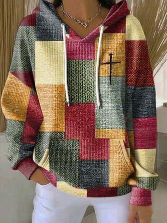 Plaid Patch Simple Cross Hooded Pocket Sweatshirt