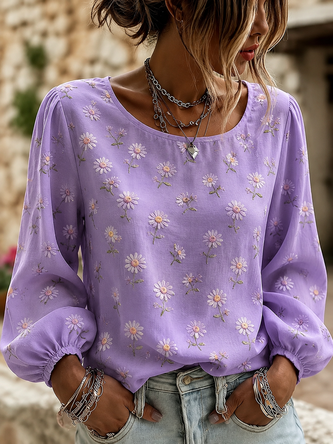 Crew Neck Printing Elegant Floral Blouse