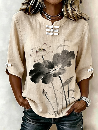 Mandarin Collar Regular Fit Floral Vintage Blouse