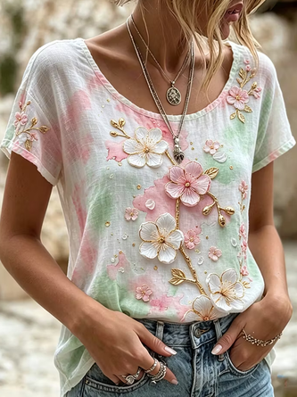 Short Sleeve T shirt Summer As Picture Floral Printing Crew Neck Daily Going Out Casual Top