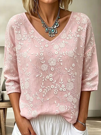 Three Quarter Sleeve T shirt Spring Fall Floral V Neck Daily Going Out Casual Top
