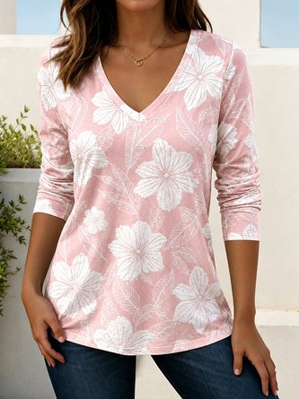 Leaf Floral V Neck Long Sleeve Tee