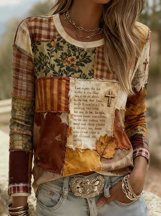 Long Sleeve T shirt Spring Fall As Picture Floral Printing Jersey Crew Neck Daily Going Out Casual Top
