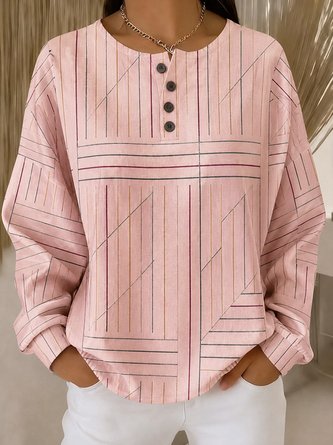 Geometric Line Henry Neck Drop Shoulder Casual Top