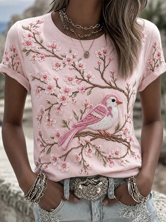 Blossom Bird Ribbon Crew Neck Short Sleeve Tee