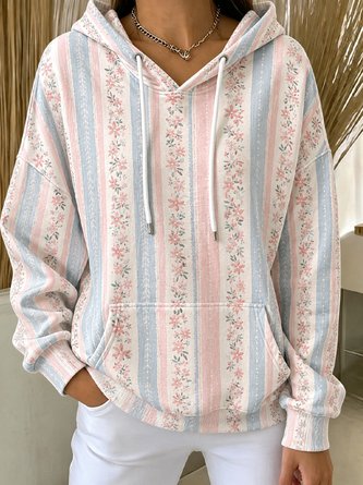 Vertical Stripe Floral Hooded Pocket Hoodie