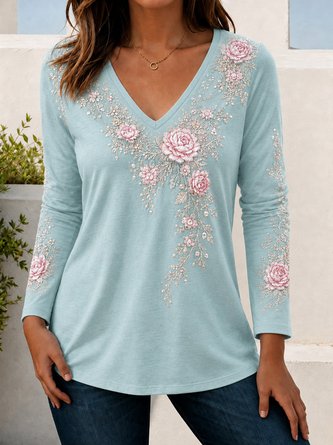 V Neck Floral Daily Long Sleeve Top