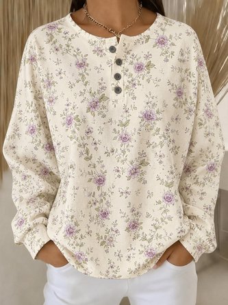Floral Henry Neck Loose Casual Long Sleeve Top