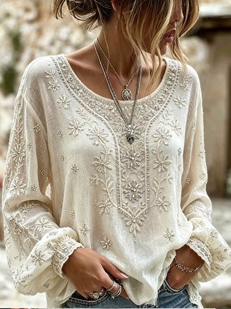 Floral Round Neck Versatile Long Sleeve Blouse