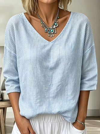 Three Quarter Sleeve T shirt Spring Fall Striped V Neck Daily Going Out Casual Top